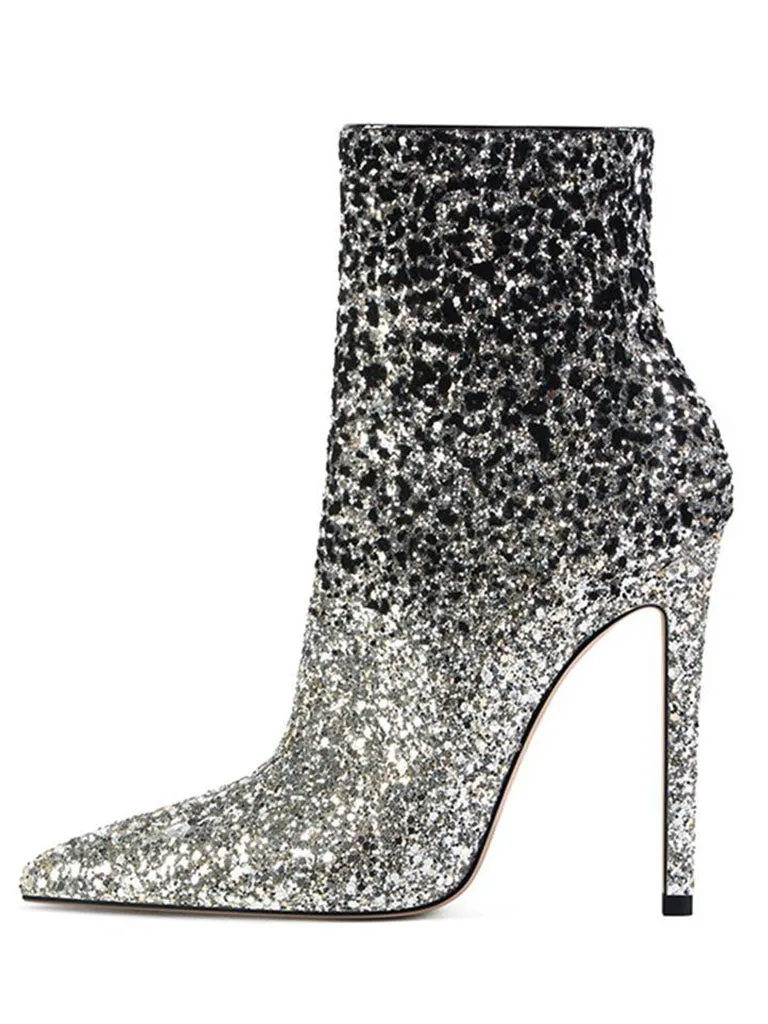 12cm Height Women's Sequin Pointed Toe PU Leather Boots