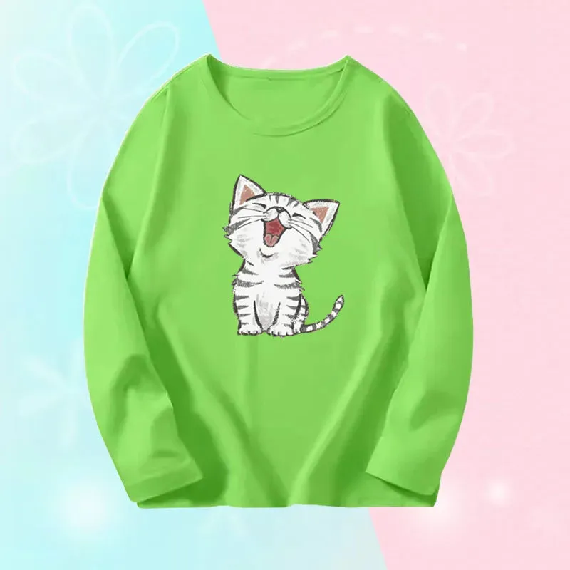 3~14 Years Girl Long Sleeve T-Shirts Cute Sweet Girl Tee Tops Cute Cat Graphic O-Neck Top Little Girl Casual T-Shirts