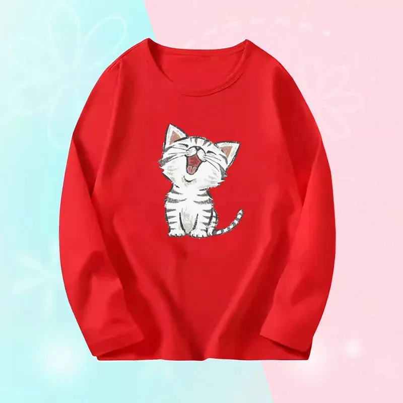 3~14 Years Girl Long Sleeve T-Shirts Cute Sweet Girl Tee Tops Cute Cat Graphic O-Neck Top Little Girl Casual T-Shirts