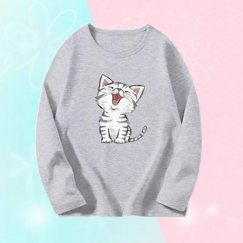 3~14 Years Girl Long Sleeve T-Shirts Cute Sweet Girl Tee Tops Cute Cat Graphic O-Neck Top Little Girl Casual T-Shirts