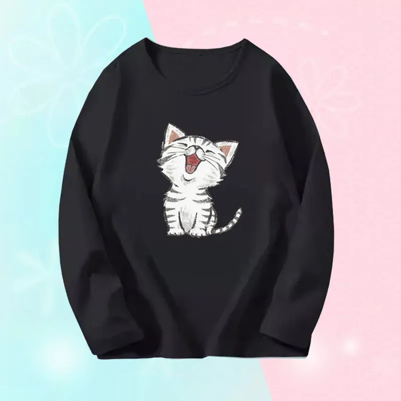 3~14 Years Girl Long Sleeve T-Shirts Cute Sweet Girl Tee Tops Cute Cat Graphic O-Neck Top Little Girl Casual T-Shirts