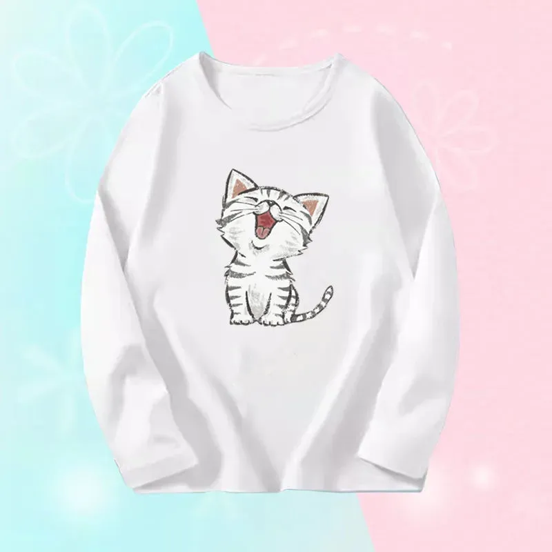 3~14 Years Girl Long Sleeve T-Shirts Cute Sweet Girl Tee Tops Cute Cat Graphic O-Neck Top Little Girl Casual T-Shirts