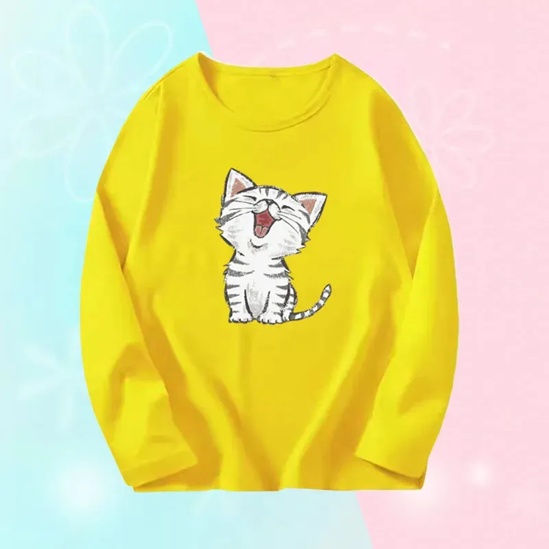 3~14 Years Girl Long Sleeve T-Shirts Cute Sweet Girl Tee Tops Cute Cat Graphic O-Neck Top Little Girl Casual T-Shirts