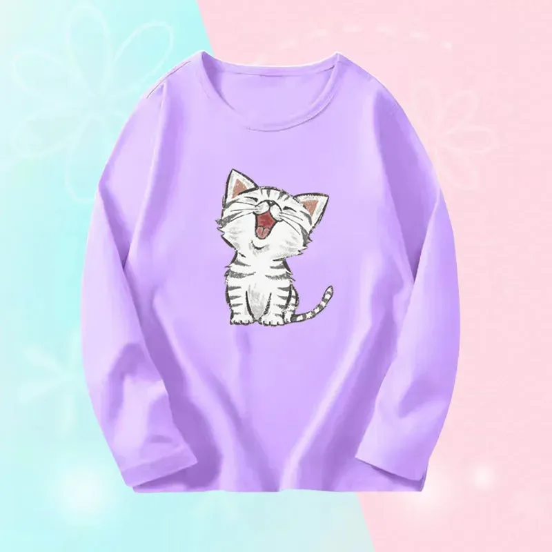 3~14 Years Girl Long Sleeve T-Shirts Cute Sweet Girl Tee Tops Cute Cat Graphic O-Neck Top Little Girl Casual T-Shirts