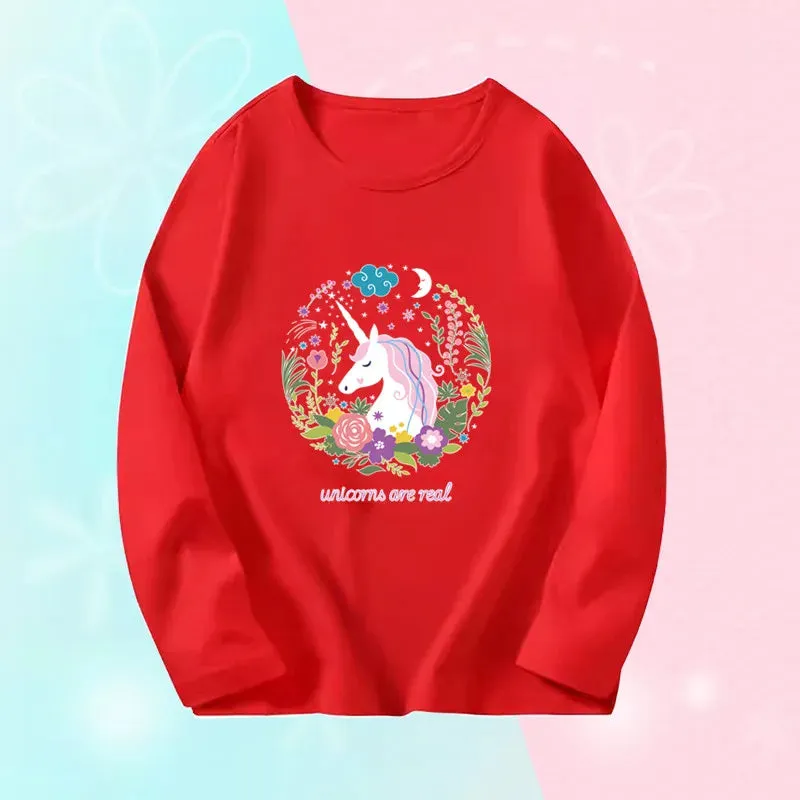 3~14 Years Girl Long Sleeve T-Shirts Cute Sweet Girl Tee Tops Cute Cat Graphic O-Neck Top Little Girl Casual T-Shirts