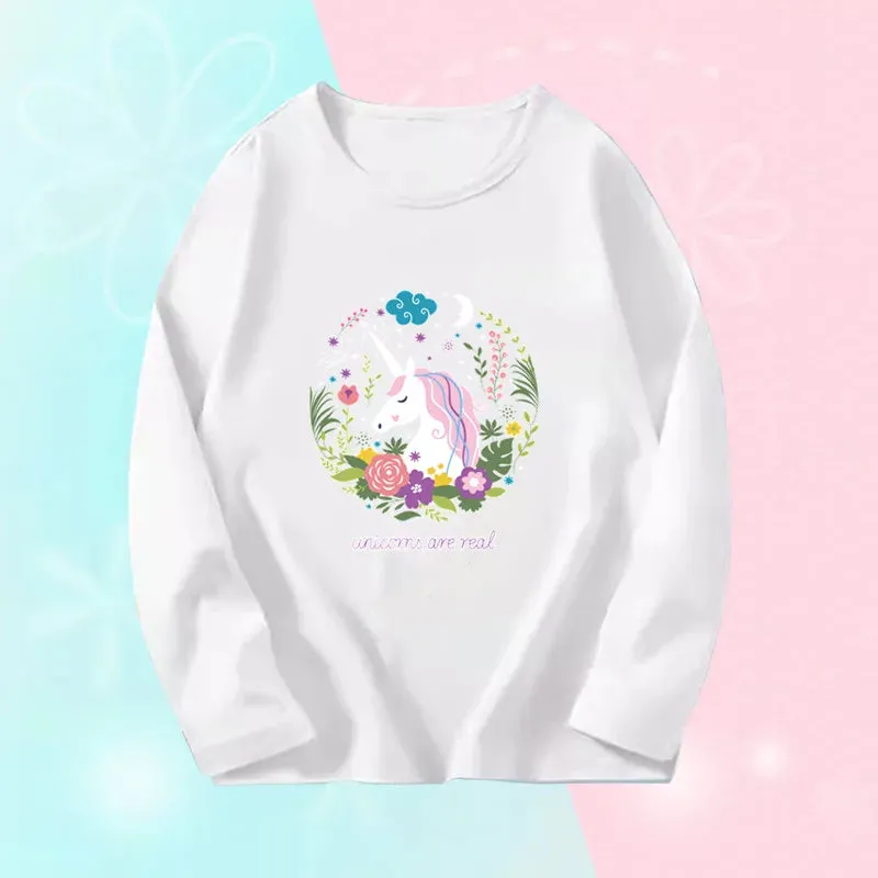 3~14Years Girl's Spring Autumn T-shirts Baby Girl Long Sleeve Cotton T-shirts Children Purple Cute Unicorn Tee Tops