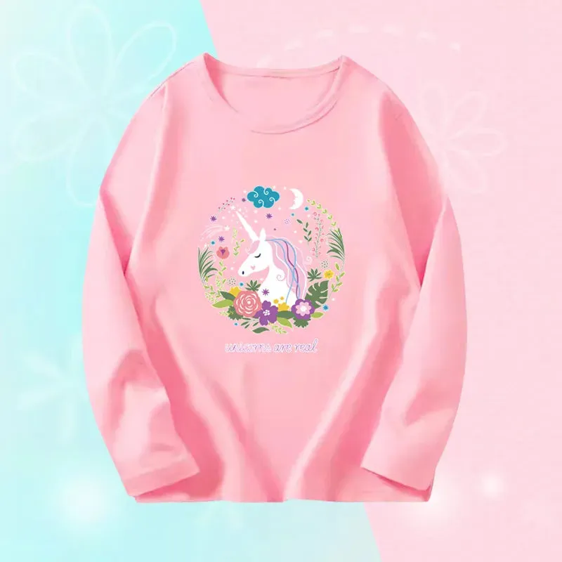 3~14Years Girl's Spring Autumn T-shirts Baby Girl Long Sleeve Cotton T-shirts Children Purple Cute Unicorn Tee Tops