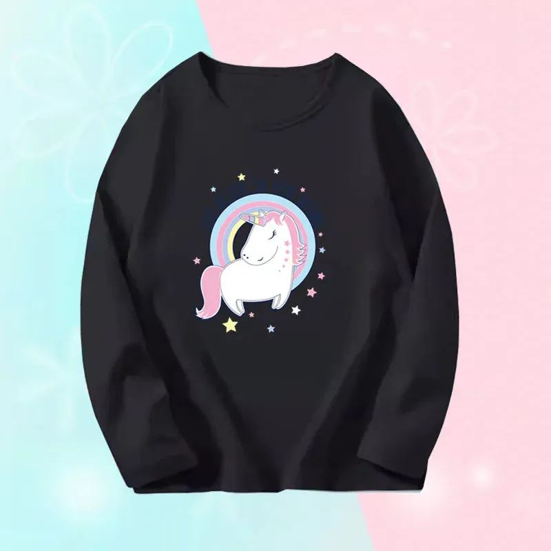 3~14Years Girl's Spring Autumn T-shirts Baby Girl Long Sleeve Cotton T-shirts Children Purple Cute Unicorn Tee Tops