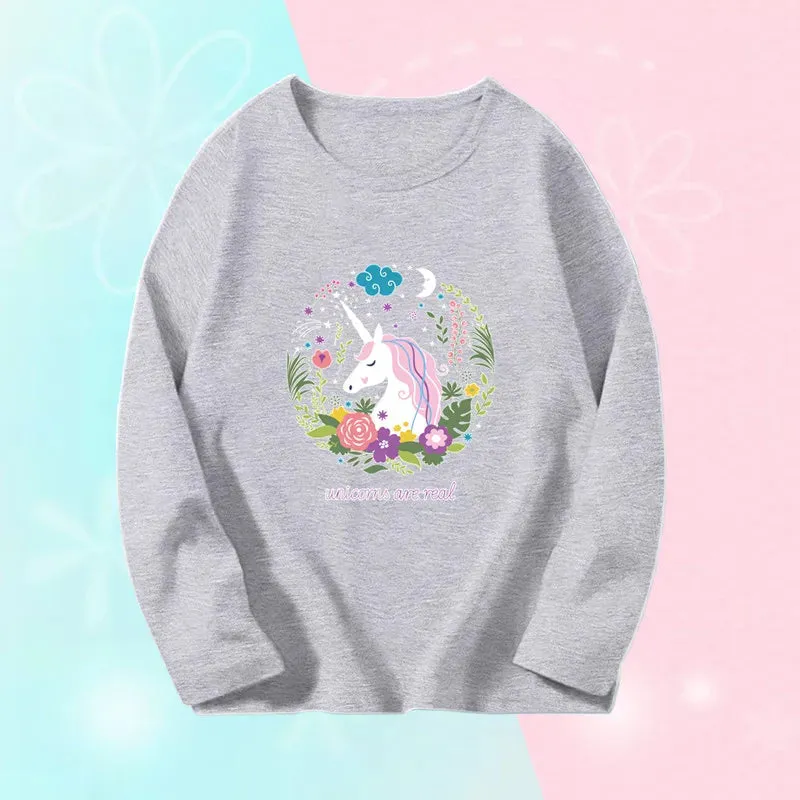 3~14Years Girl's Spring Autumn T-shirts Baby Girl Long Sleeve Cotton T-shirts Children Purple Cute Unicorn Tee Tops