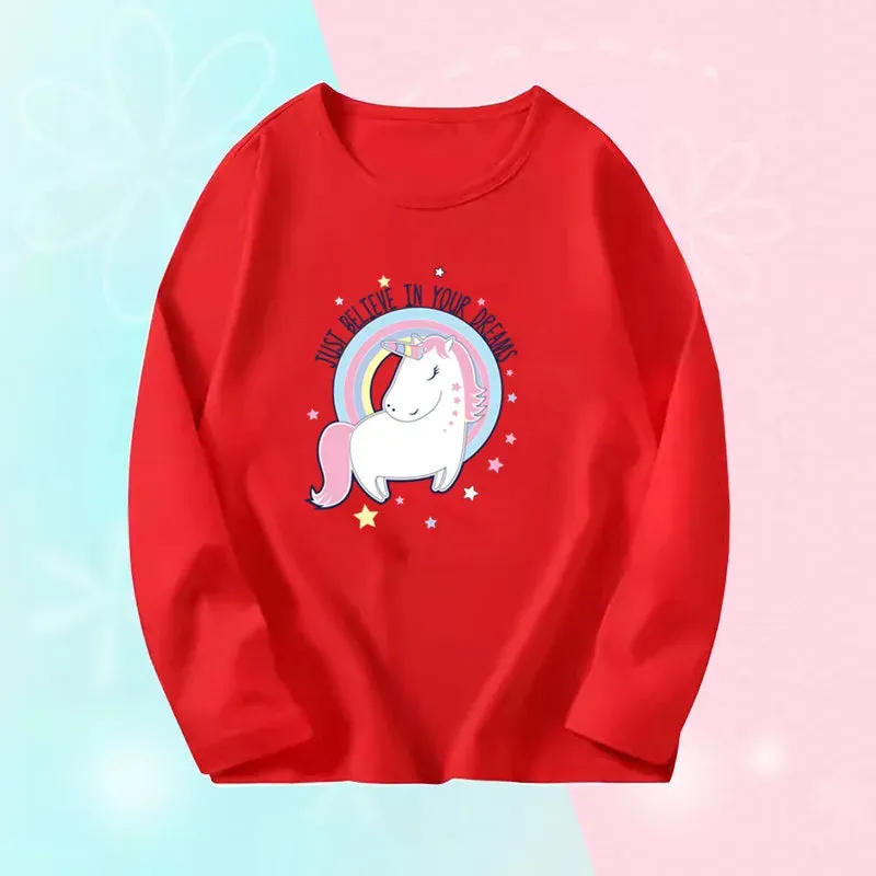 3~14Years Girl's Spring Autumn T-shirts Baby Girl Long Sleeve Cotton T-shirts Children Purple Cute Unicorn Tee Tops