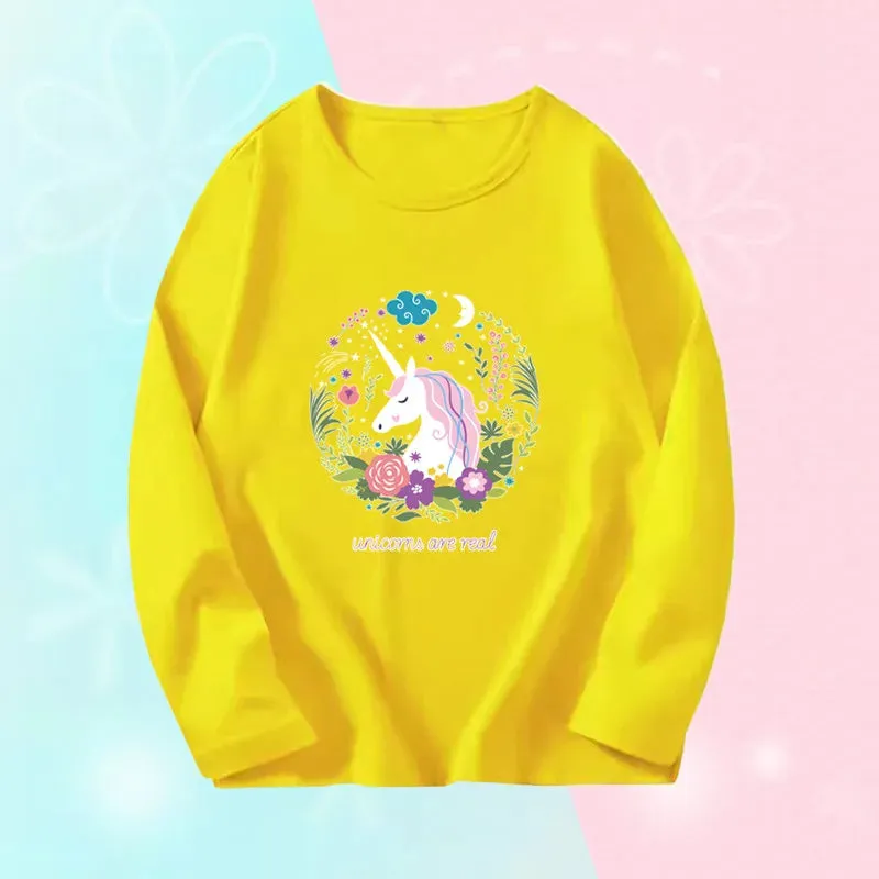 3~14Years Girl's Spring Autumn T-shirts Baby Girl Long Sleeve Cotton T-shirts Children Purple Cute Unicorn Tee Tops