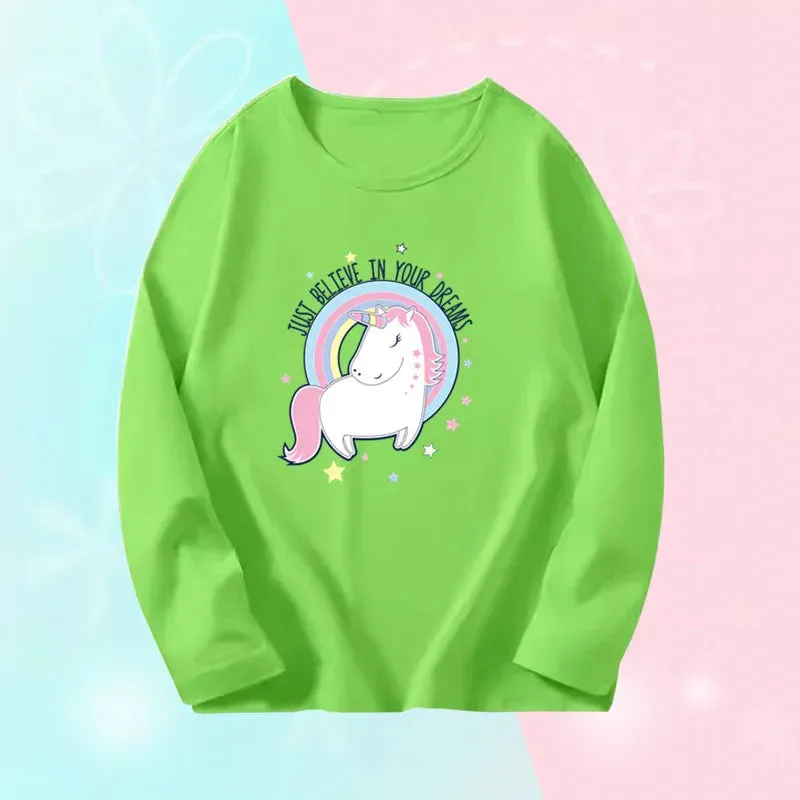 3~14Years Girl's Spring Autumn T-shirts Baby Girl Long Sleeve Cotton T-shirts Children Purple Cute Unicorn Tee Tops