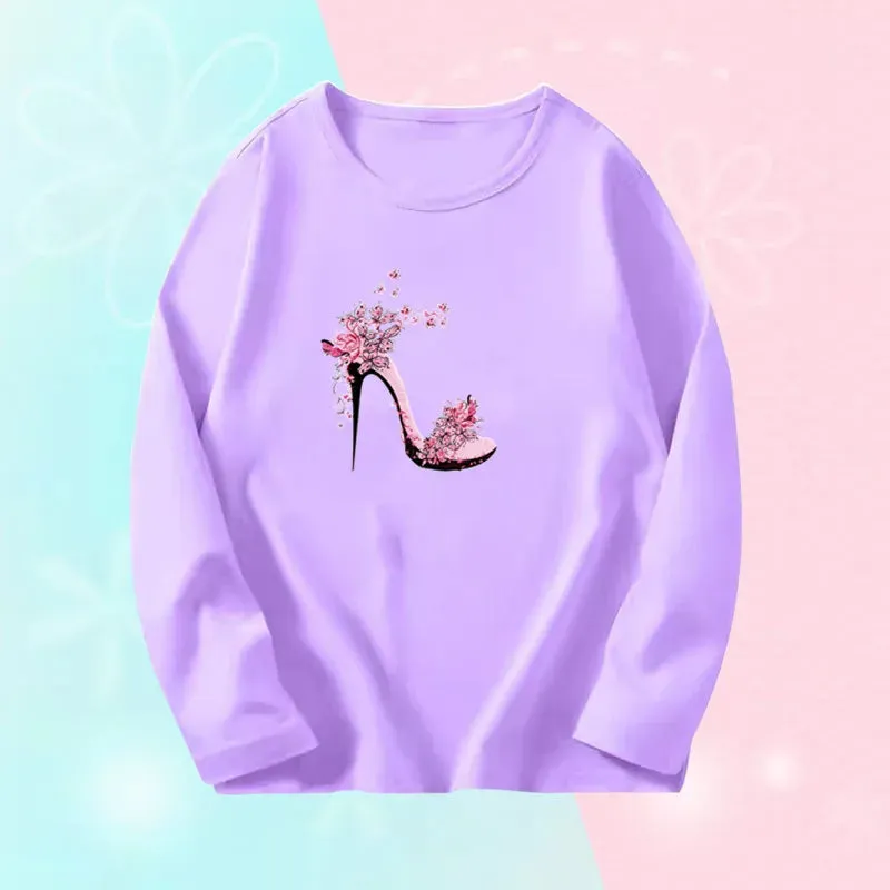 3~14Years Girl's Spring Autumn T-shirts Baby Girl Long Sleeve Cotton T-shirts Children Purple Cute Unicorn Tee Tops