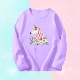 3~14Years Girl's Spring Autumn T-shirts Baby Girl Long Sleeve Cotton T-shirts Children Purple Cute Unicorn Tee Tops