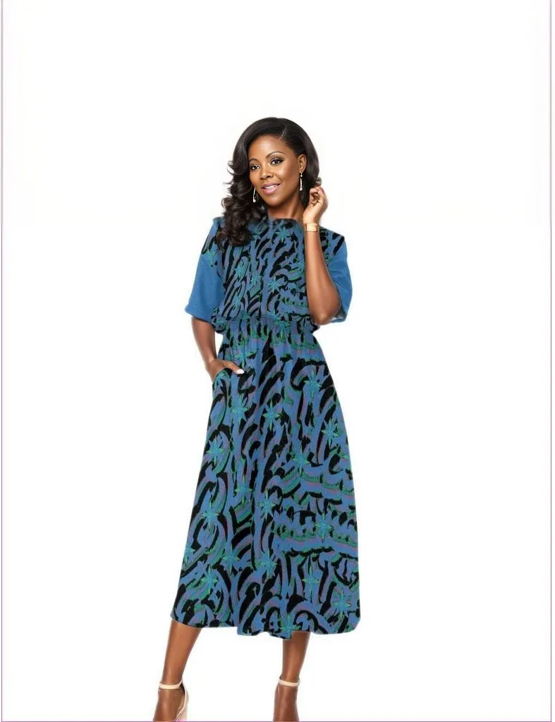 Abstract Blue Elastic Waist Womens Maxi Dress