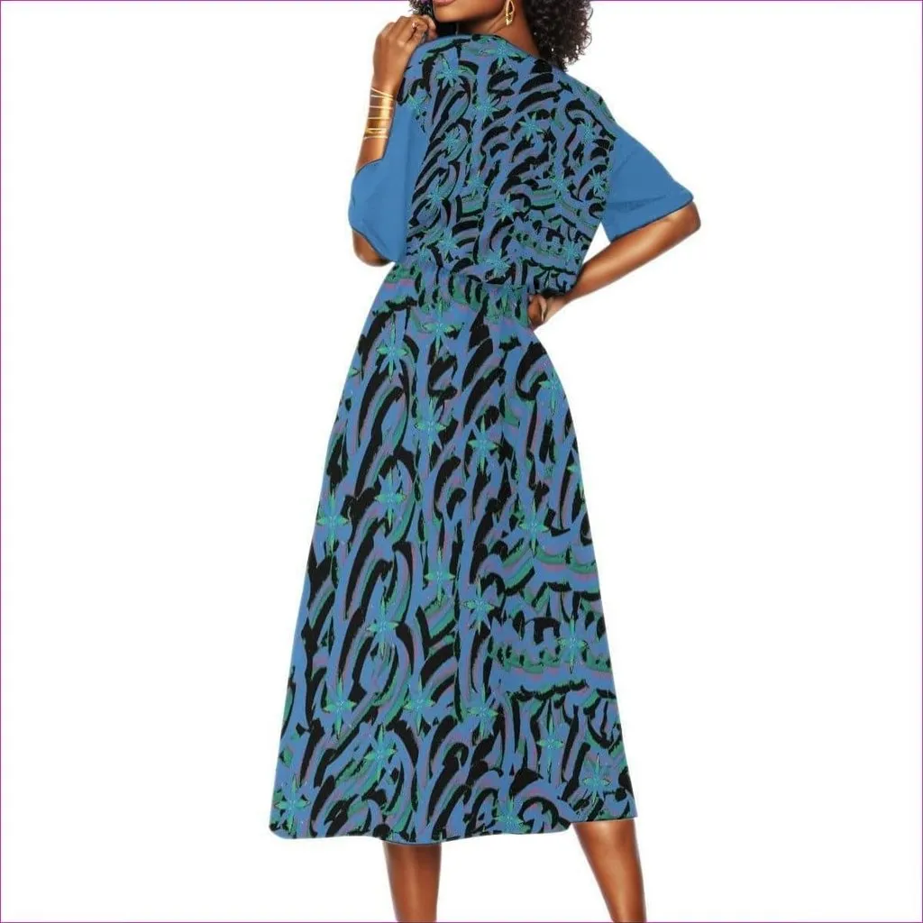 Abstract Blue Elastic Waist Womens Maxi Dress