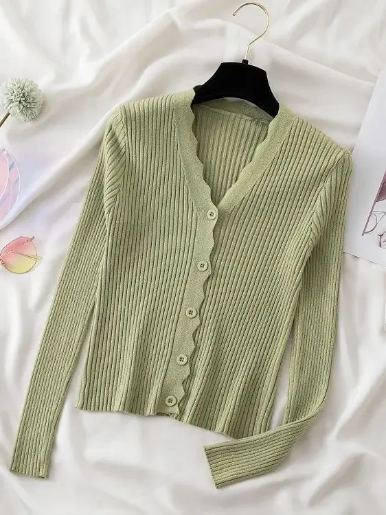 AOSSVIAO Sweater Knitted Cardigan Button Jacket 2024 Autumn Winter V-neck Long Sleeve Casual Tops For Women Sweater Green