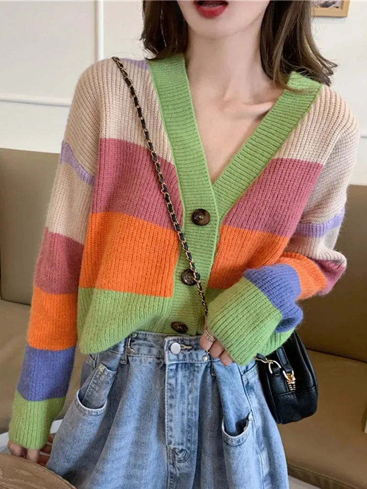 Autumn Winter Women V-neck Cardigan Tops Casual Rainbow Color Sweater Fashion Knitted Loose Jacket Y2k Streetwear 2024