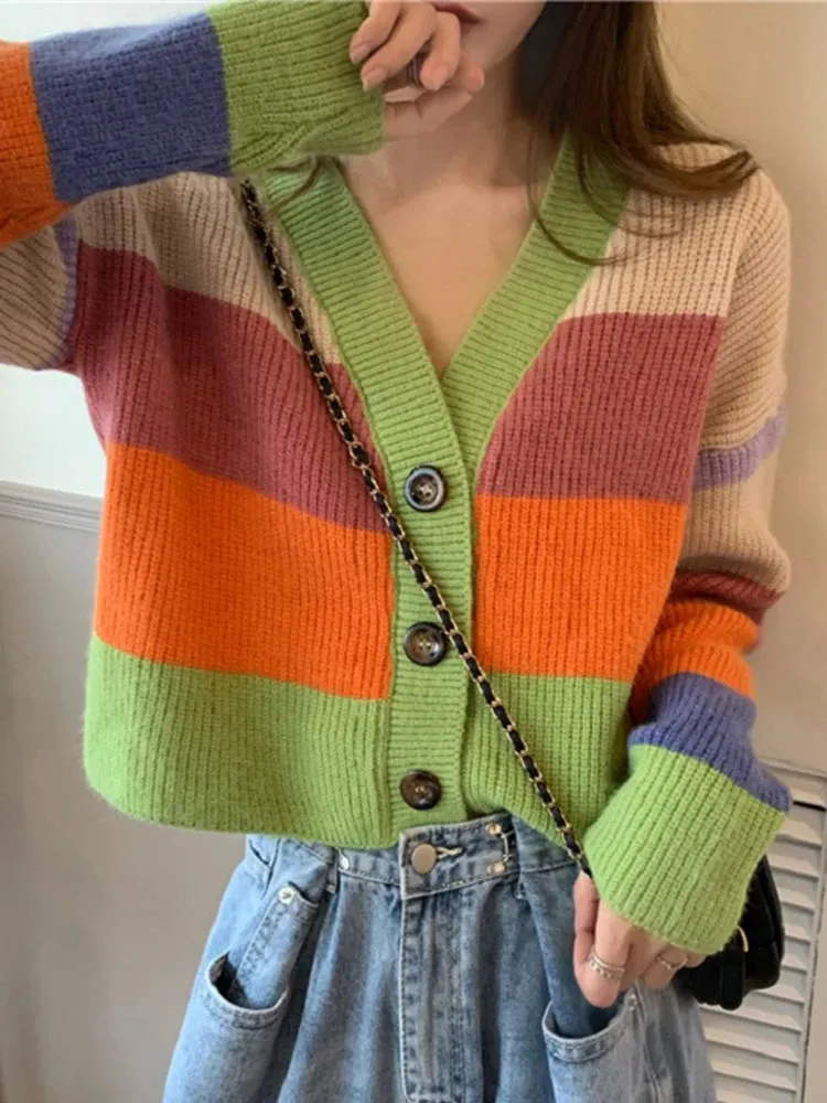 Autumn Winter Women V-neck Cardigan Tops Casual Rainbow Color Sweater Fashion Knitted Loose Jacket Y2k Streetwear 2024