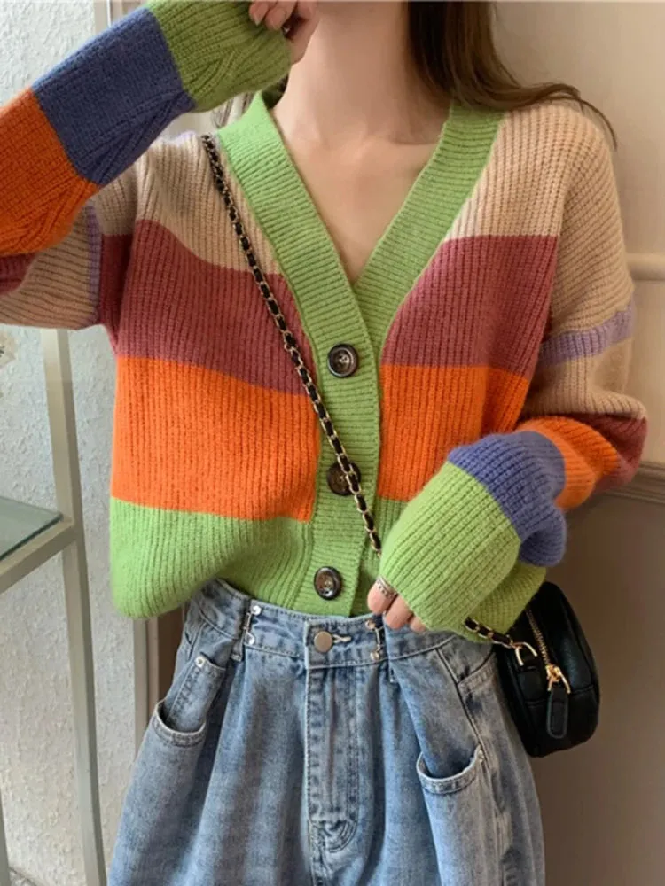 Autumn Winter Women V-neck Cardigan Tops Casual Rainbow Color Sweater Fashion Knitted Loose Jacket Y2k Streetwear 2024