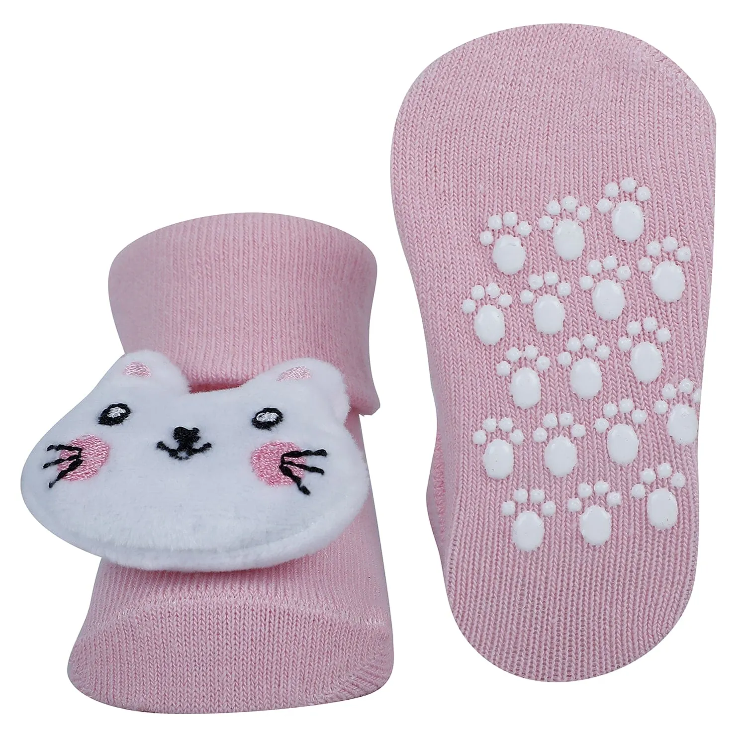 Baby Moo Bunny And Kitty 3D Rattle Anti-Skid Socks Booties Pack of 2 - Pink, Purple