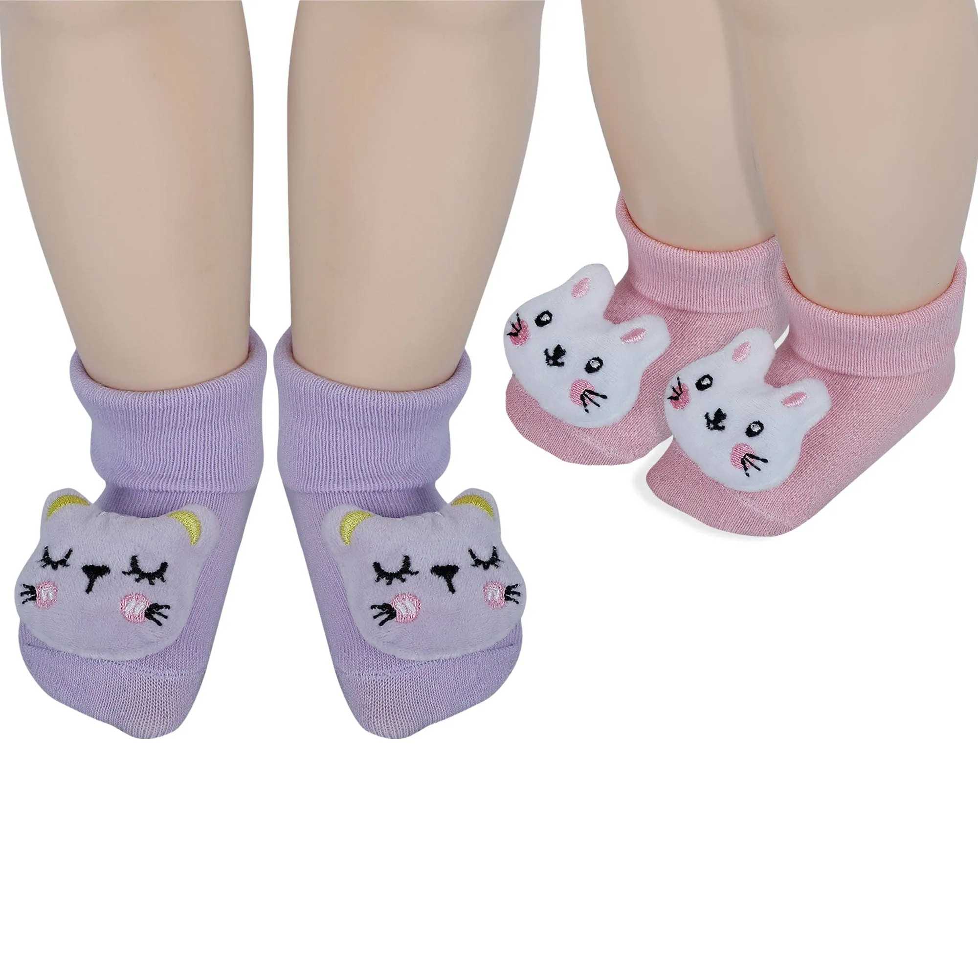 Baby Moo Bunny And Kitty 3D Rattle Anti-Skid Socks Booties Pack of 2 - Pink, Purple