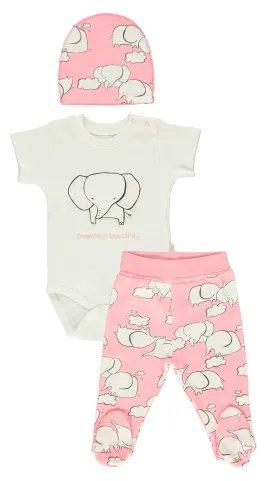 Bebetto Bodysuit, Leggings and Hat Set Elephant Pink 3-Piece (0-9mths)