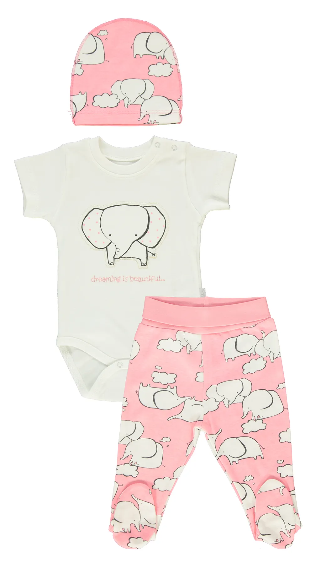 Bebetto Bodysuit, Leggings and Hat Set Elephant Pink 3-Piece (0-9mths)