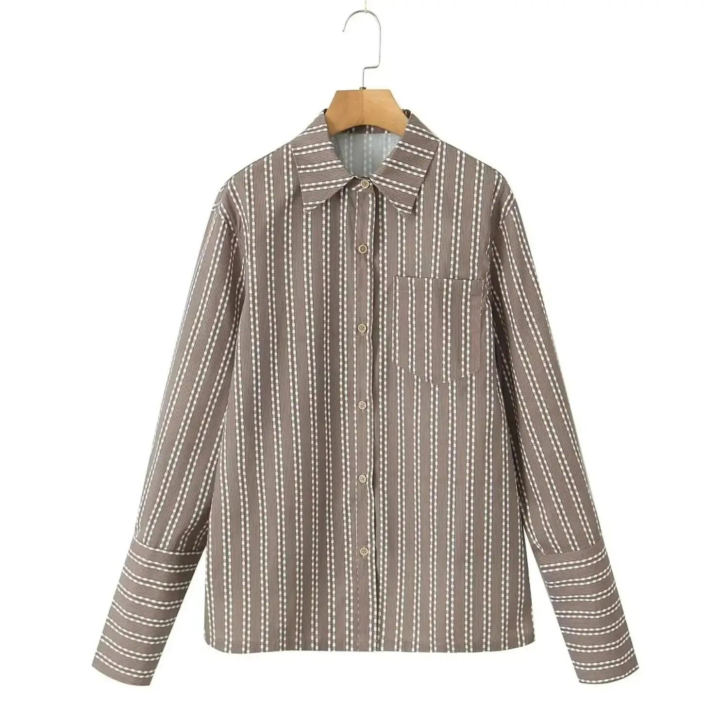 Blue White Striped Single-Breasted Casual Tops Blouse for Autumn