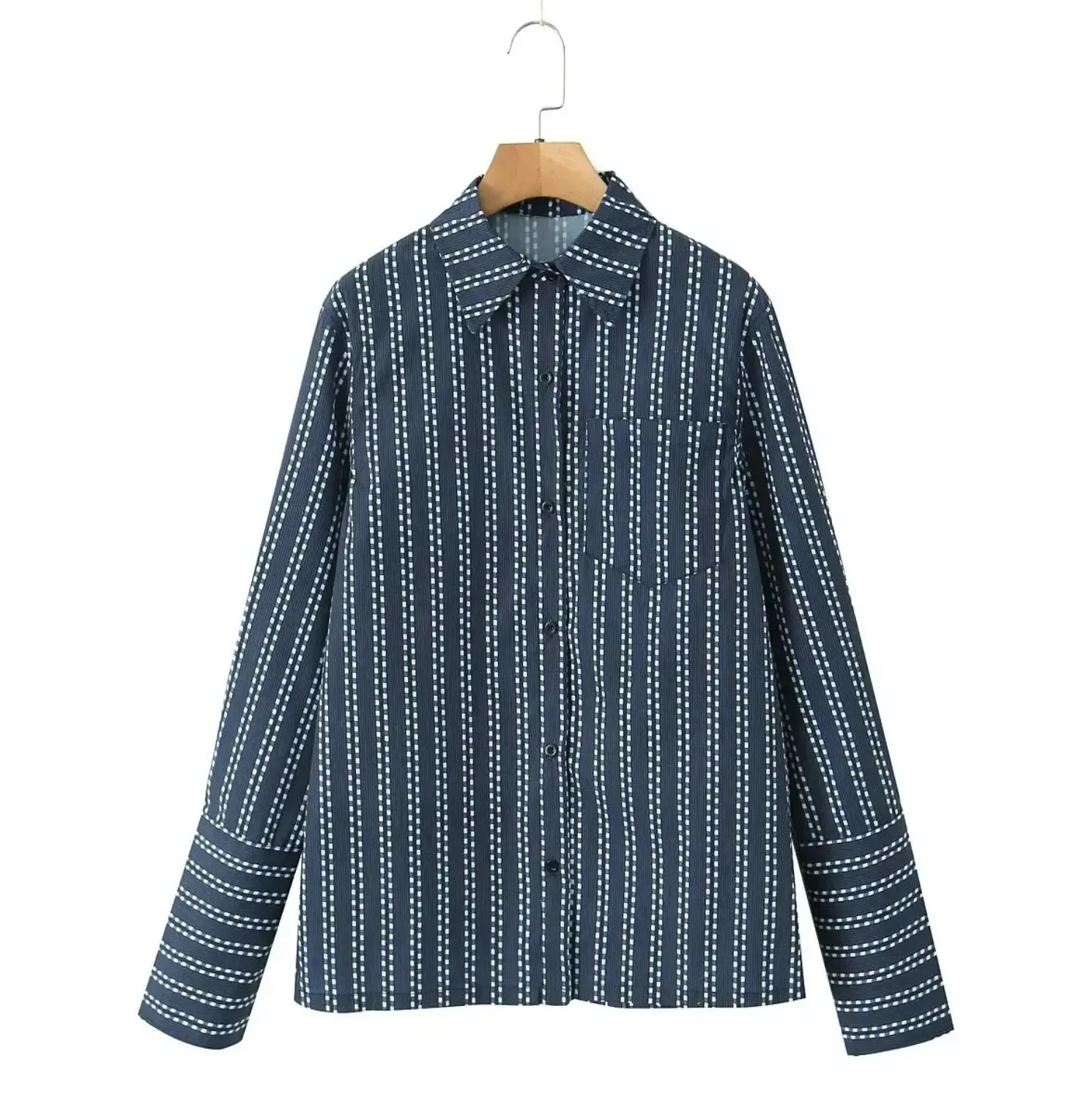 Blue White Striped Single-Breasted Casual Tops Blouse for Autumn