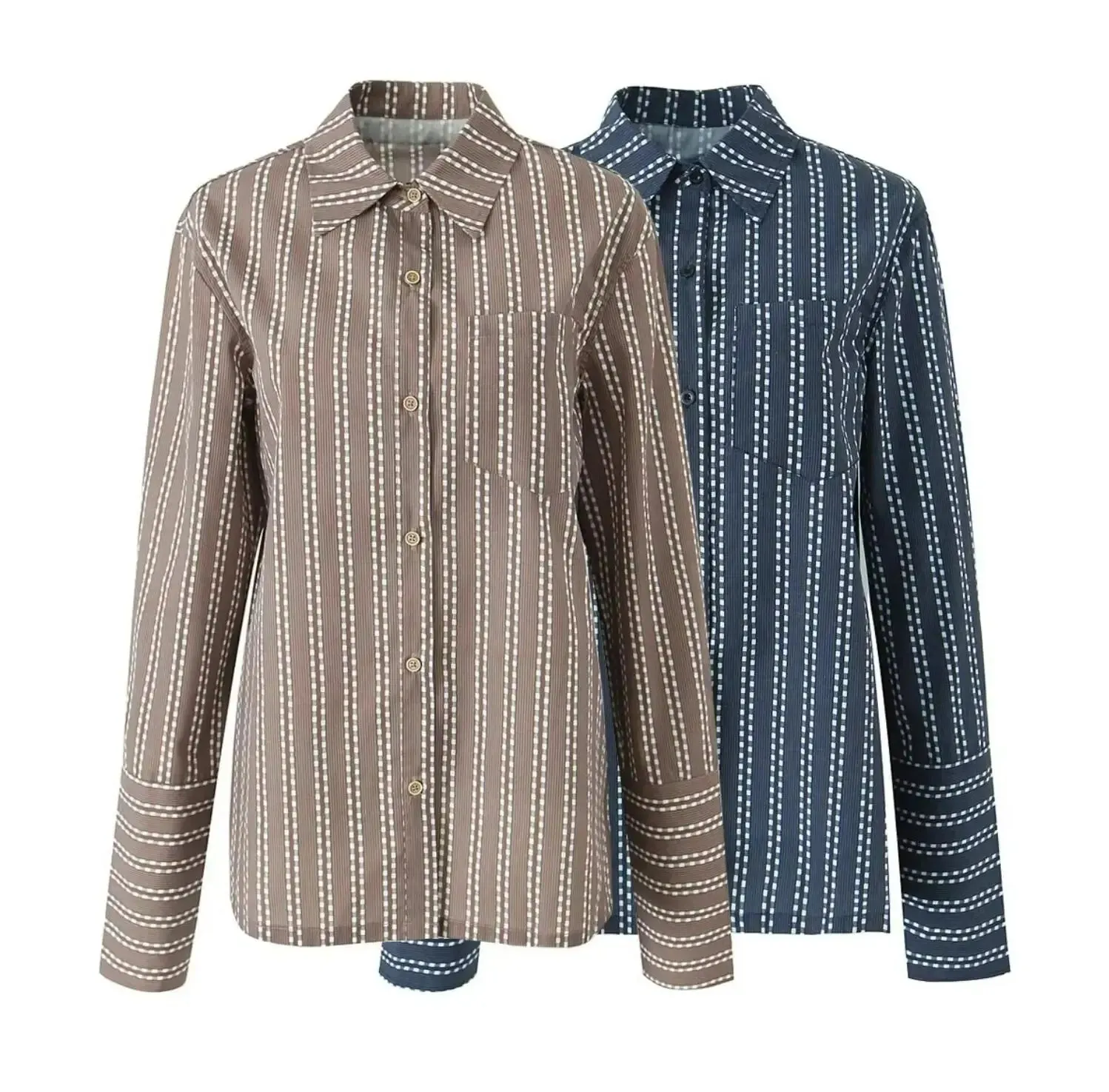 Blue White Striped Single-Breasted Casual Tops Blouse for Autumn