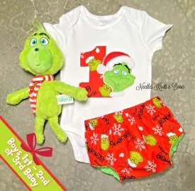 Boys Grinch 1st Birthday Onesie, Christmas Birthday