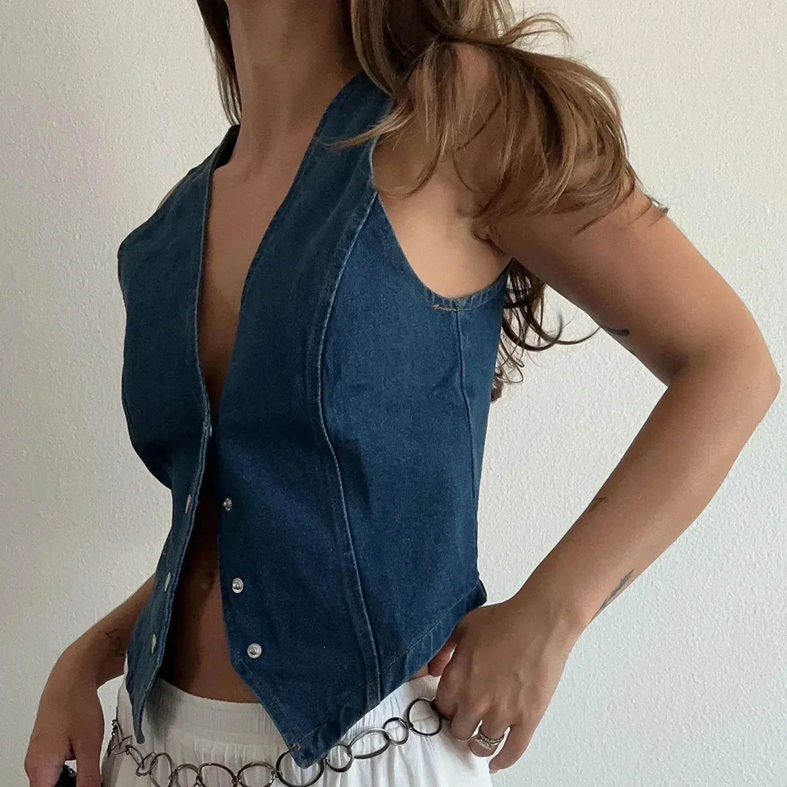 Button Down Jean Waistcoat Pockets Casual Vintage Crop Streetwear Tank Sleeveless Top