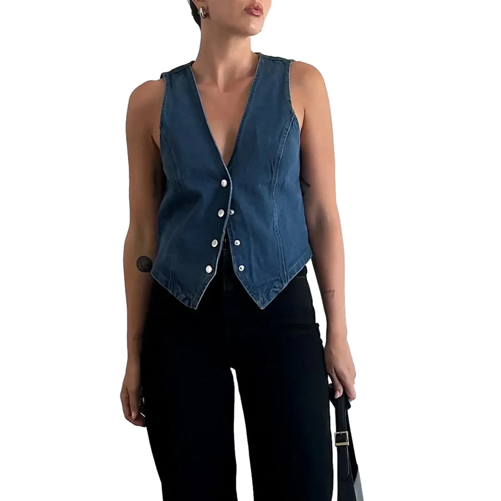 Button Down Jean Waistcoat Pockets Casual Vintage Crop Streetwear Tank Sleeveless Top