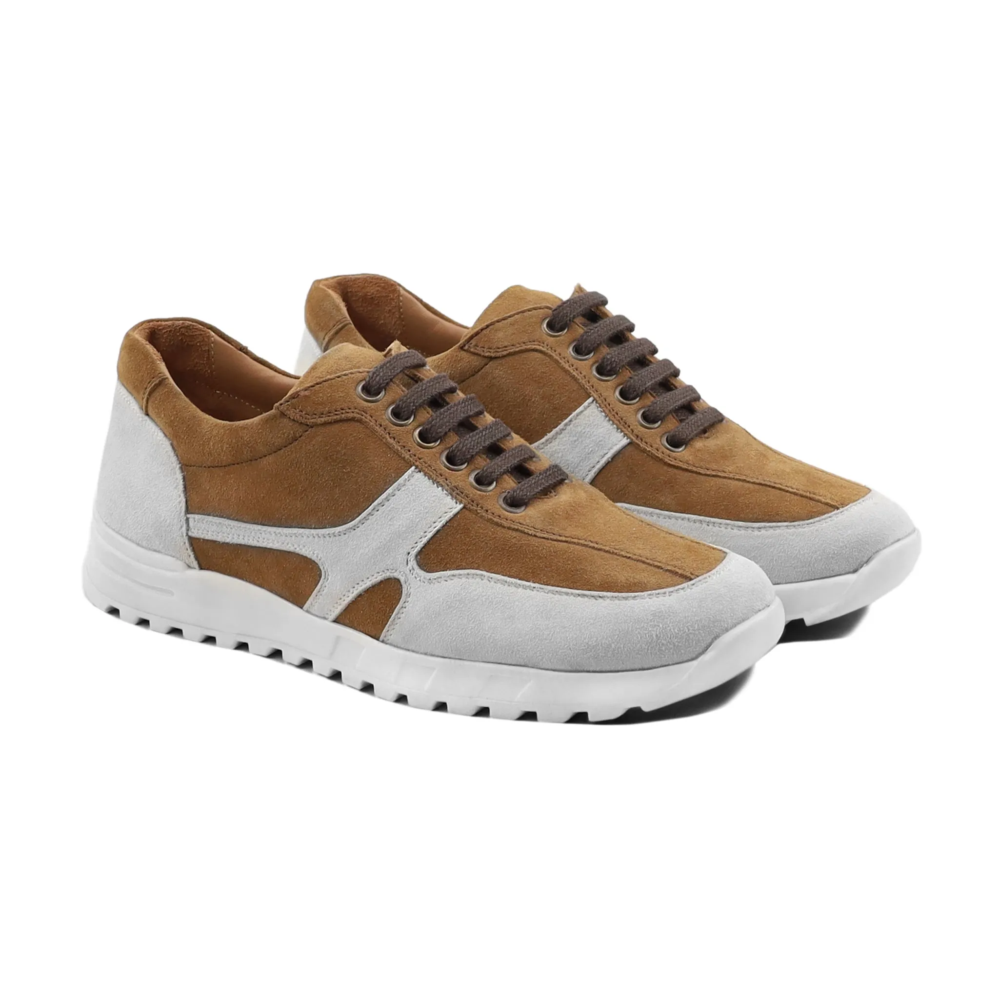 Cegled - Men's Camel and White Kid Suede Leather Jogger