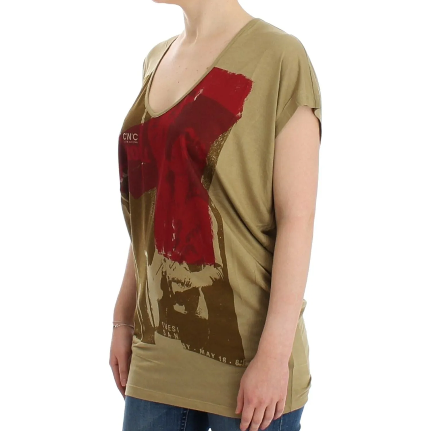 Costume National Chic Green Multicolor Print V-Neck Tee