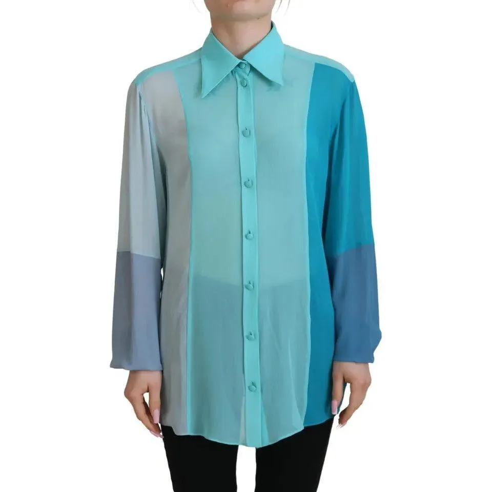 Dolce & Gabbana Blue Collar Long Sleeve Blouse Silk Top