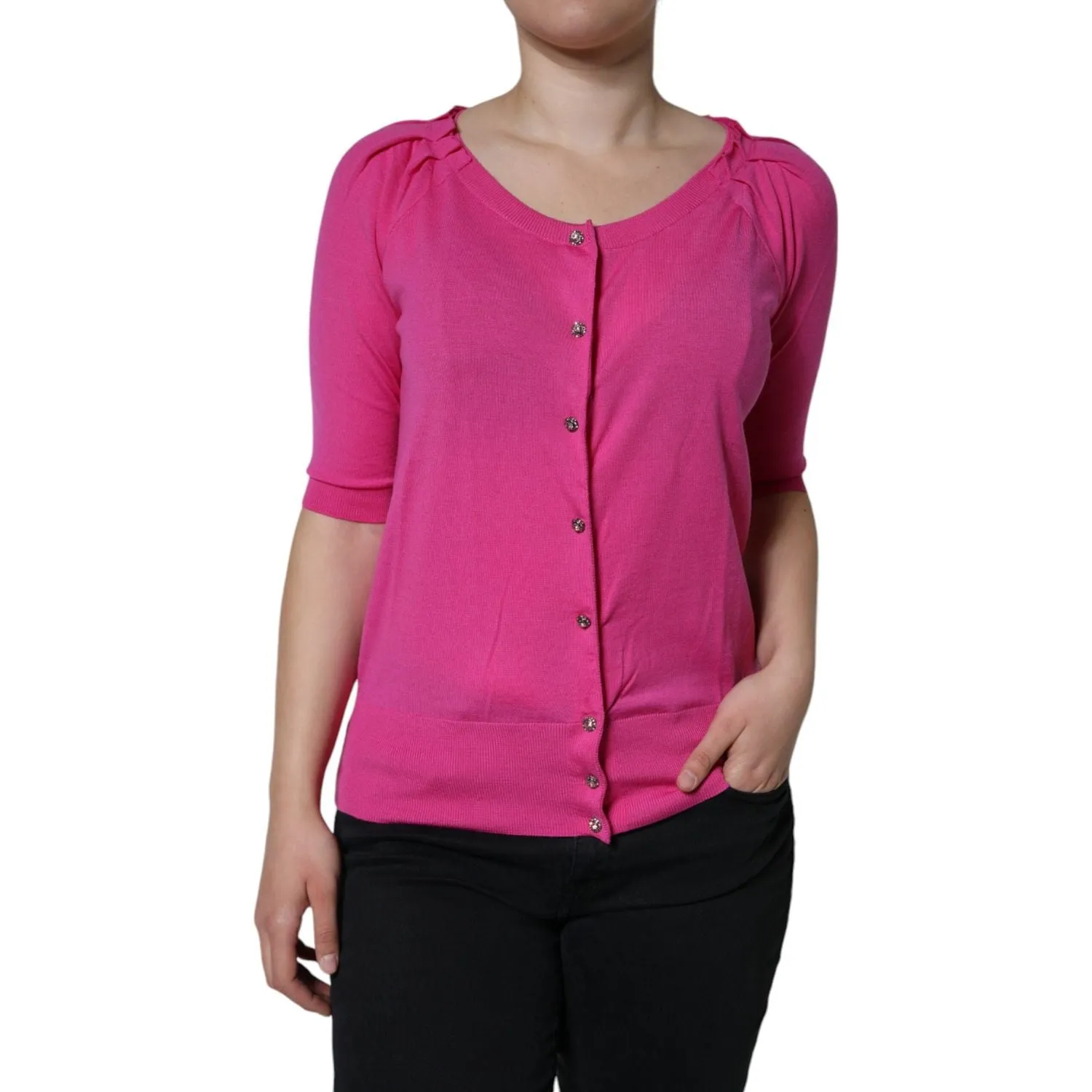 Dolce & Gabbana Pink Wool Button Down Short Sleeve Blouse Top