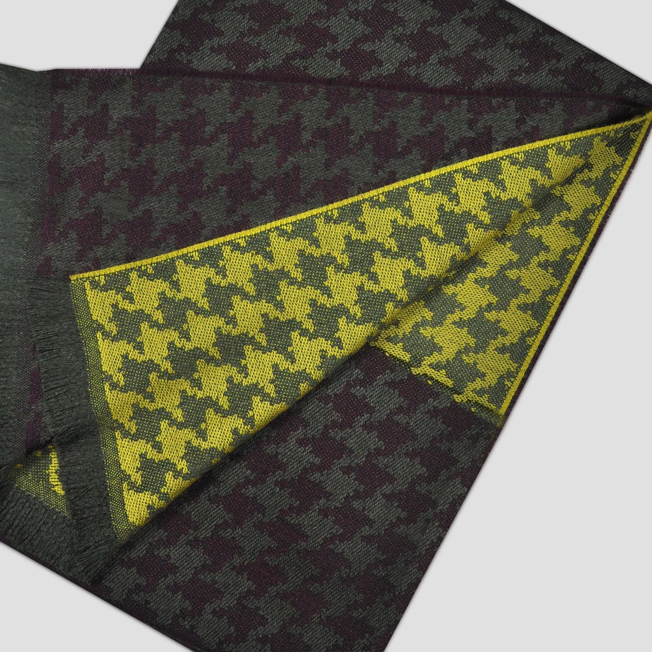 Houndstooth Super Fine Wool Scarf in Claret, Lemon & Olive