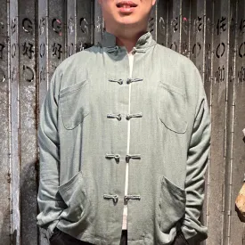 Knot Button Slub Shirt Jacket, Greyish Green