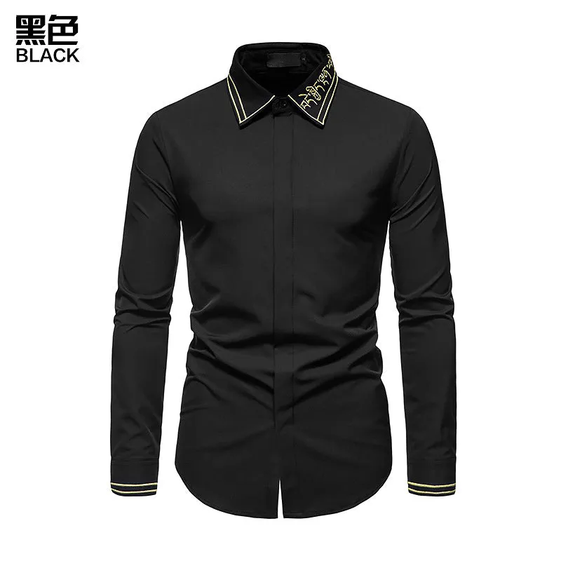 Men Embroidery Turnover Collar Long Sleeves Shirt