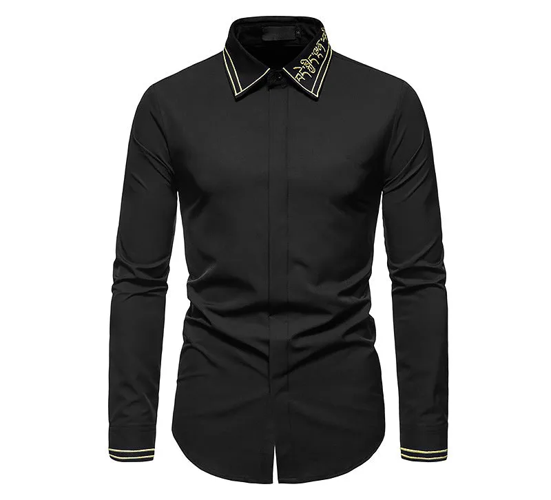 Men Embroidery Turnover Collar Long Sleeves Shirt