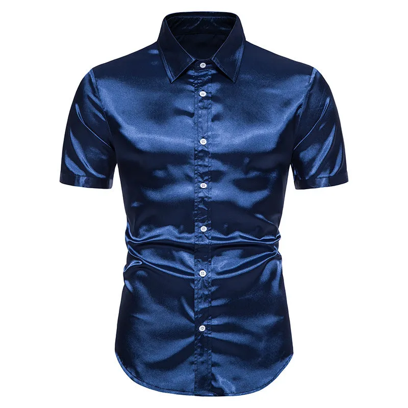 Men Glossy Turnover Collar Short Sleeves Shirt