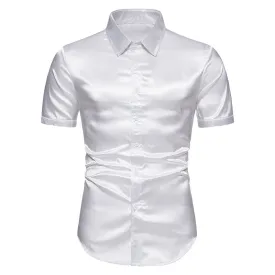 Men Glossy Turnover Collar Short Sleeves Shirt