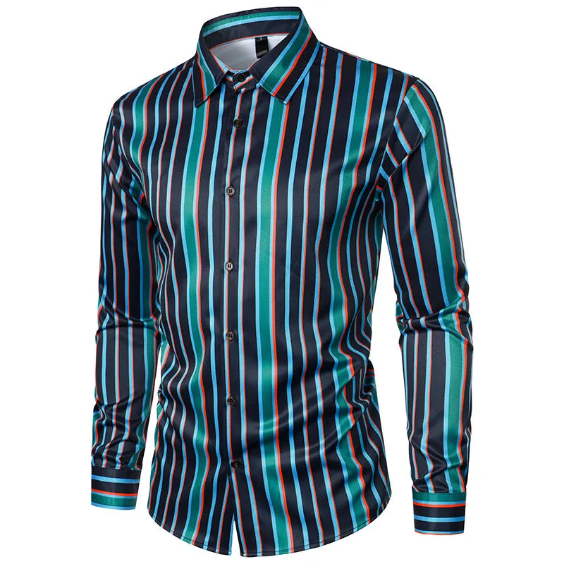 Men Turnover Collar Bicolor Stripes Long Sleeves Shirt