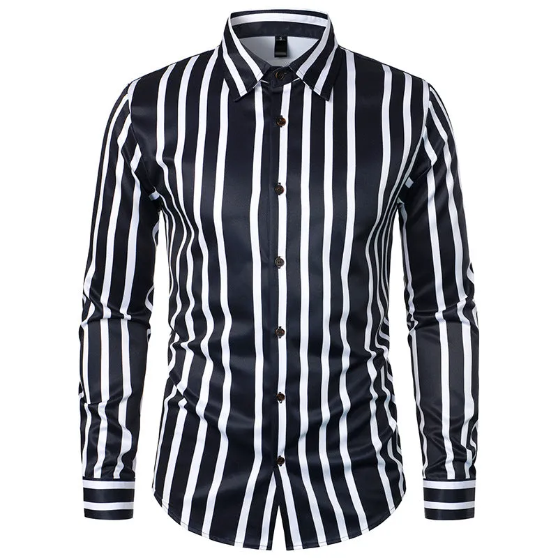 Men Turnover Collar Bicolor Stripes Long Sleeves Shirt