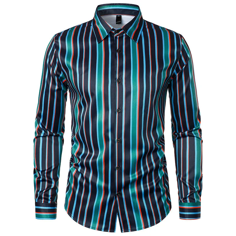 Men Turnover Collar Bicolor Stripes Long Sleeves Shirt