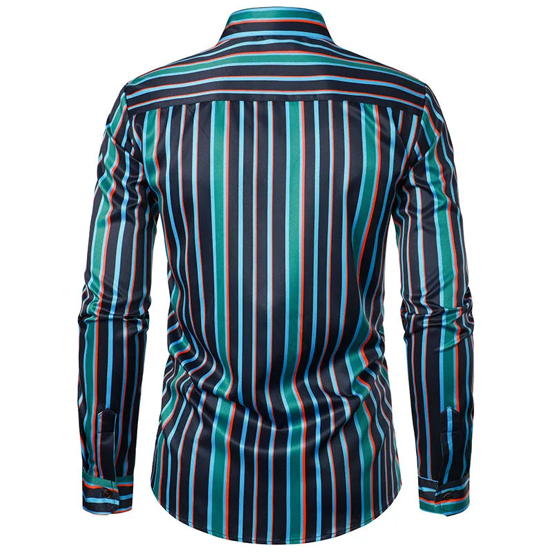 Men Turnover Collar Bicolor Stripes Long Sleeves Shirt