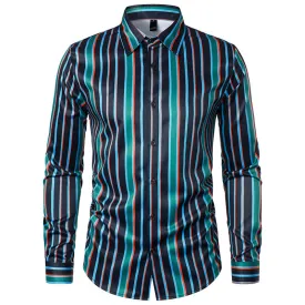 Men Turnover Collar Bicolor Stripes Long Sleeves Shirt