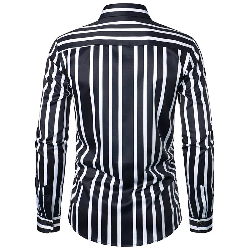 Men Turnover Collar Bicolor Stripes Long Sleeves Shirt